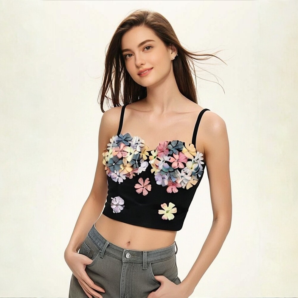 手工立体花钉钻外穿鱼骨胸衣背心吊带短款内搭上衣纯欲直播仙女风