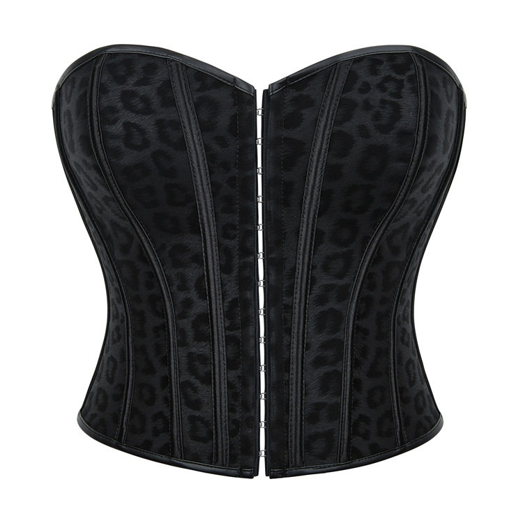 黑色豹纹外穿鱼骨胸衣短款上衣排扣抹胸绑带收腰束身性感辣妹欧美