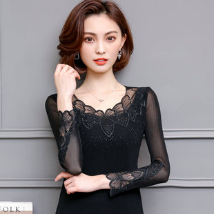 蕾丝打底衫女长袖短款2025秋季新款百搭网纱上衣加绒低领亮丝T恤