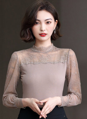 半高领蕾丝打底衫新款春秋时尚莫代尔小衫洋气修身显瘦女内搭上衣