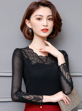 女装秋季新款蕾丝网纱打底衫女长袖t恤洋气纱衣小衫低领修身上衣