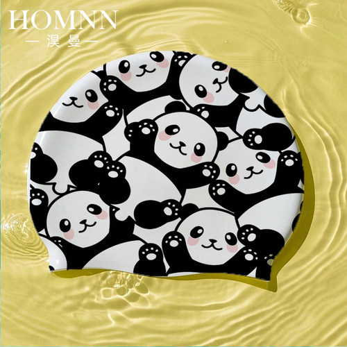 HOMNN熊猫泳帽女款成人硅胶不勒头防水高颜值加大印花游泳帽泳镜