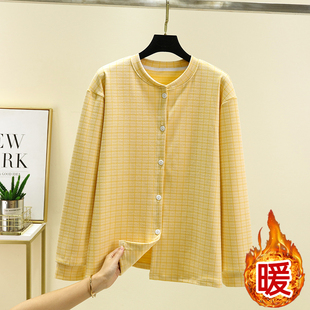 2025冬季德绒格子睡衣上装女士加绒保暖开衫大码宽松加厚长袖上衣