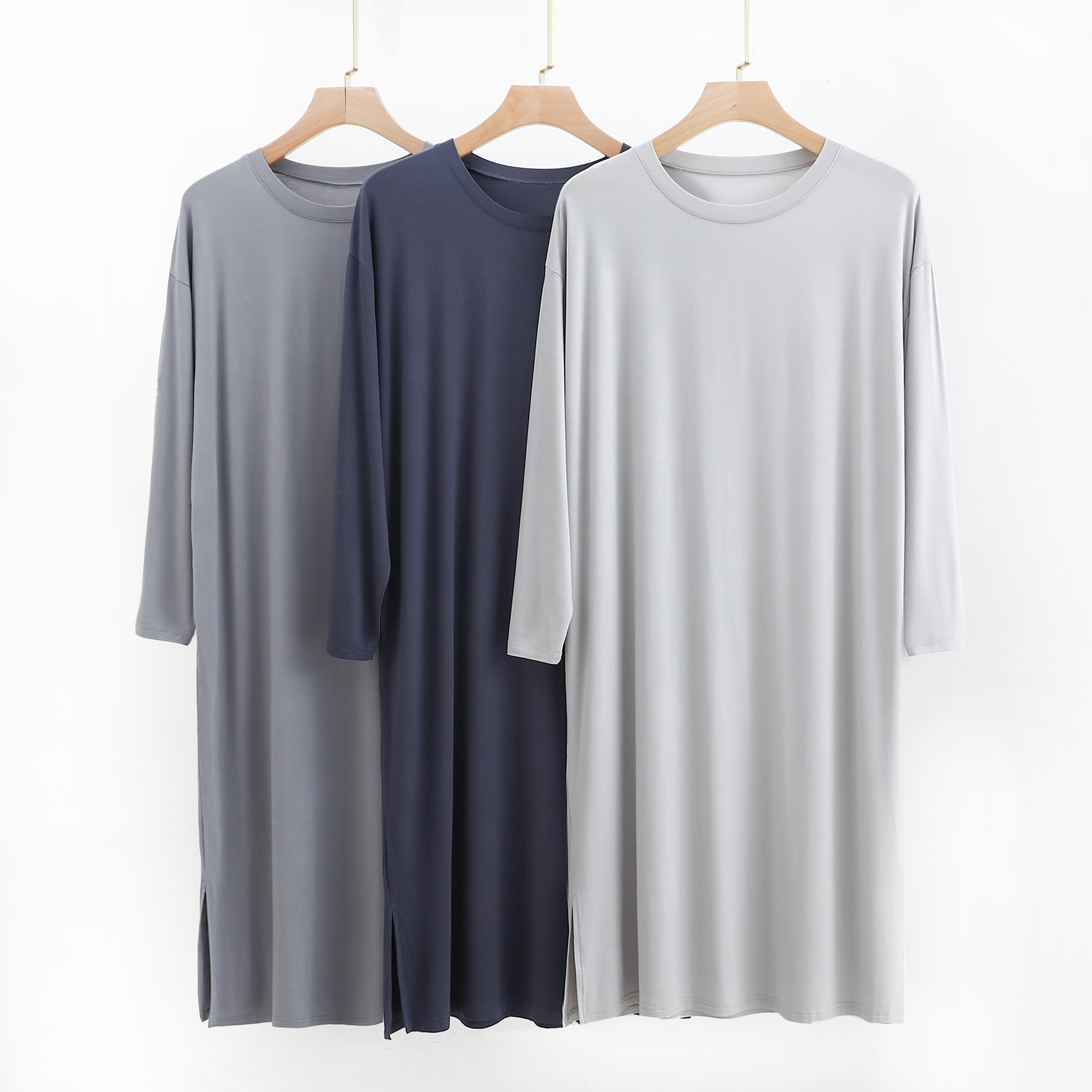 男士莫代尔睡衣夏季薄款圆领睡裙宽松长袖家居服睡袍大码长款浴袍