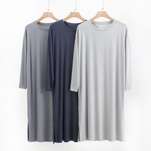 男士莫代尔睡衣夏季薄款圆领睡裙宽松长袖家居服睡袍大码长款浴袍