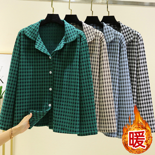 加绒加厚长袖 外套大码 上衣 女冬居家宽松格子开衫 德绒保暖睡衣上装