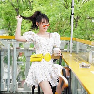 左岸潇同款甜美气质大方领蕾丝刺绣碎花泡泡袖蕾丝边收腰连衣裙
