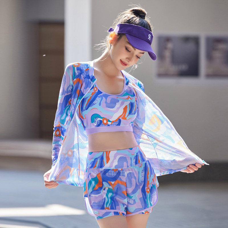 泳衣胖mm大码分体碎花长袖网纱罩衫海边度假三件套泡温泉微胖遮肉