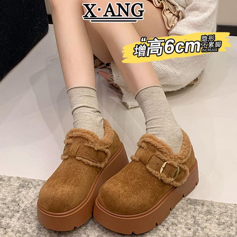 牛皮版厚底增高勃肯鞋子女鞋加绒加厚保暖棉鞋一脚蹬乐福鞋毛毛鞋
