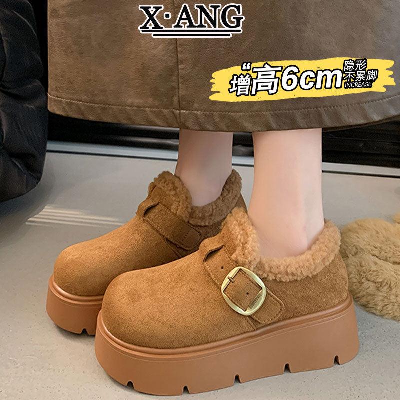 牛皮版全包勃肯鞋女厚底增高乐福鞋加绒加厚保暖棉鞋羊羔毛毛鞋子