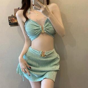 性感分体裙式 三件套比基尼小胸聚拢温泉沙滩度假泳衣