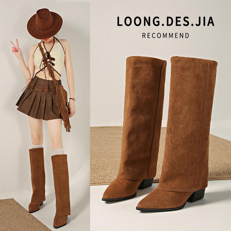 绒面内增高长筒靴女2025新款秋冬不过膝高筒骑士靴显瘦百搭裤管靴