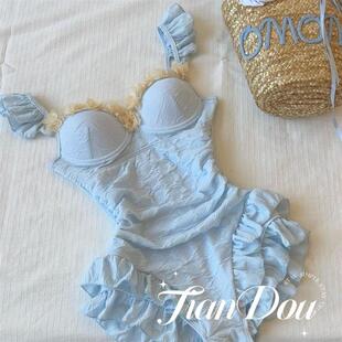 2026新款 高级感纯欲小香风少女钢托聚拢大小胸简约连体游泳衣女士