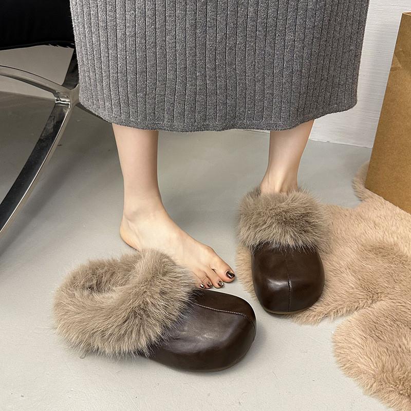 复古百搭毛毛边皮面拖鞋女外穿2025冬季新款厚底加绒棉鞋包头拖鞋