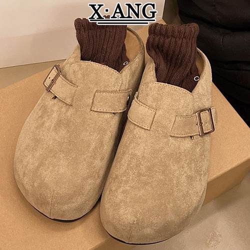 5cm厚底牛皮版勃肯鞋子女包头外穿半拖鞋2026秋季新款一脚蹬单鞋