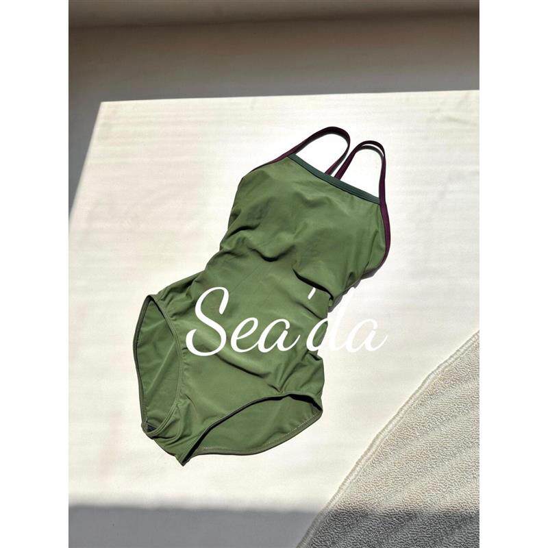 2026新款复古绿色棕色专业竞速泳衣低开叉保守双层