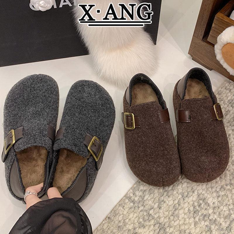 羊呢绒复古全包勃肯鞋女加绒保暖一脚蹬内增高棉鞋两穿毛毛鞋子女