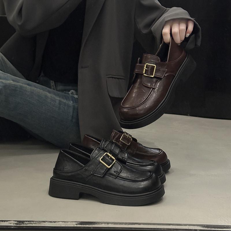 舒适厚底乐福鞋2025新款厚底粗跟单鞋女鞋百搭英伦风增高小皮鞋