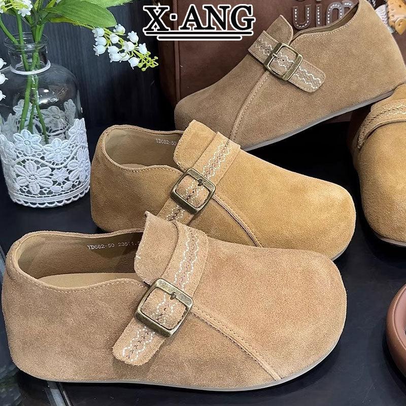 牛皮版全包勃肯鞋女款2025秋季新款厚底内增高女鞋休闲一脚蹬单鞋