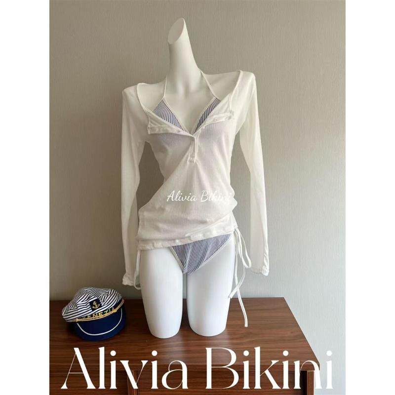 海军风条纹比基尼带罩衫纯欲显瘦温泉海边度假泳衣女