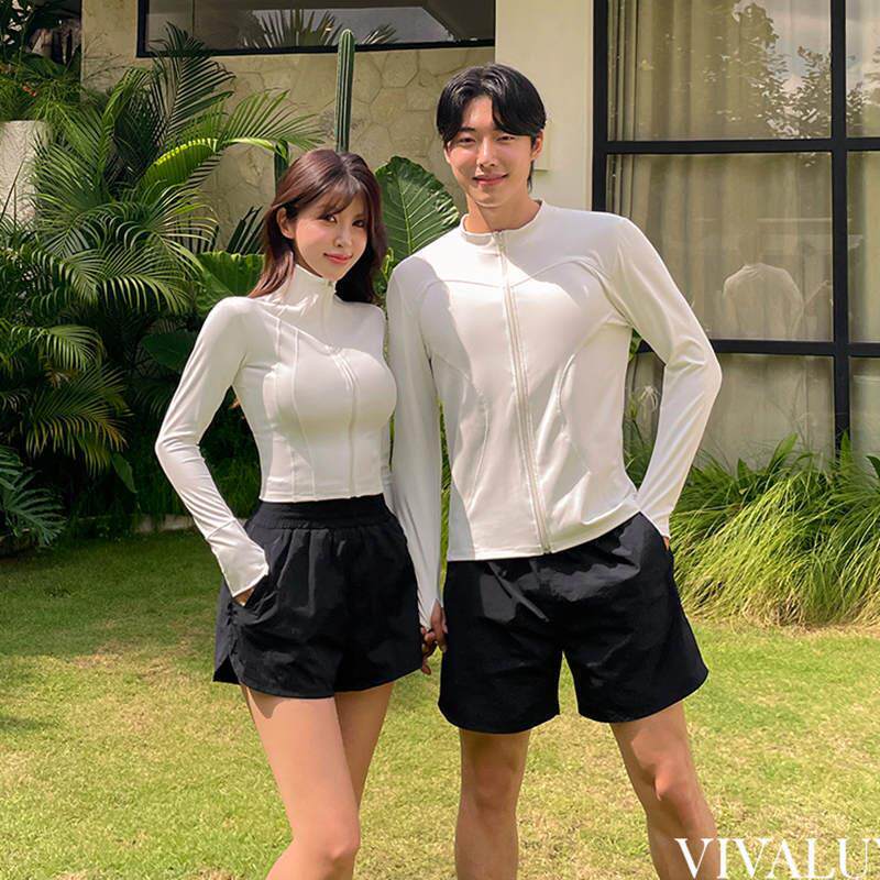 2005新款韩版情侣运动风泳装女修身遮肚高腰长袖保守撞色泳衣套装