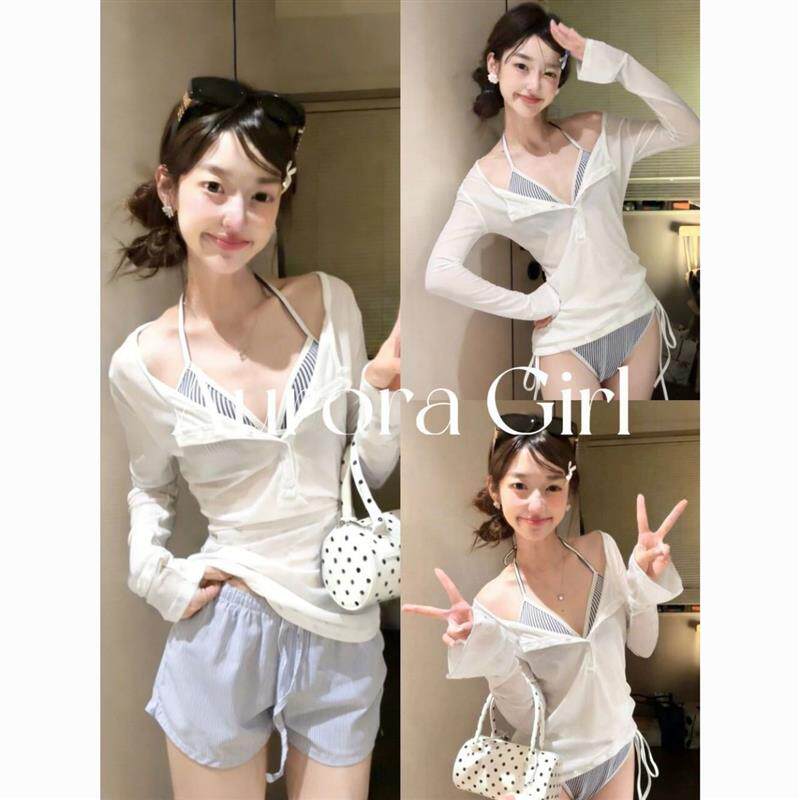 海军风条纹比基尼带罩衫纯欲显瘦温泉海边度假泳衣女