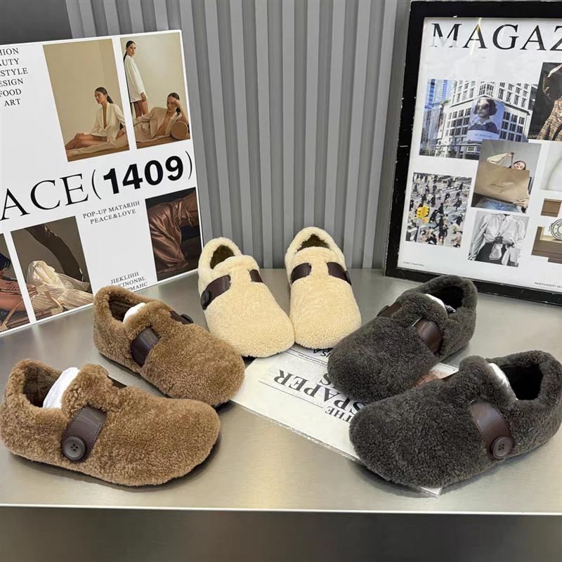 2025秋冬新款时尚毛毛鞋女羊羔毛一字带浅口圆头平底豆豆鞋棉瓢鞋
