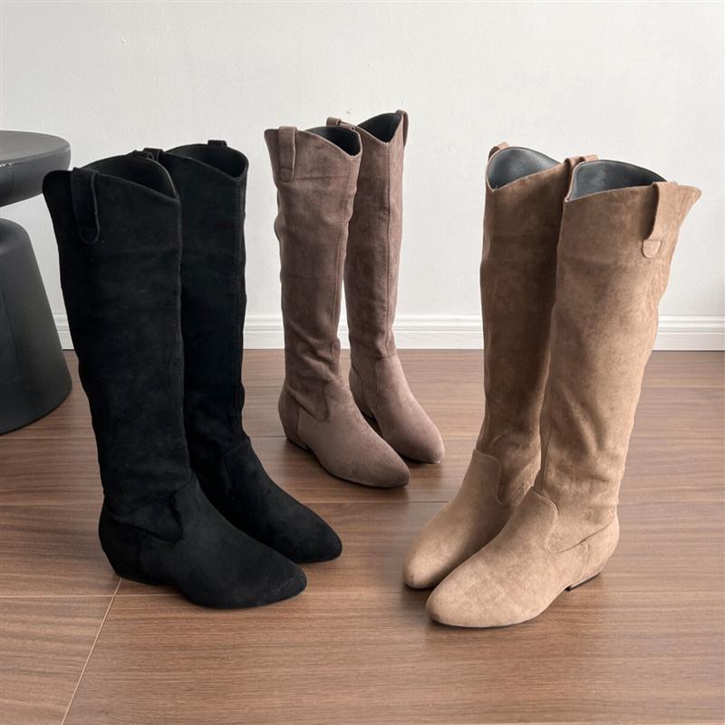 粗跟复古绒面堆堆靴长筒骑士靴女2025秋冬季尖头瘦瘦靴中筒长靴