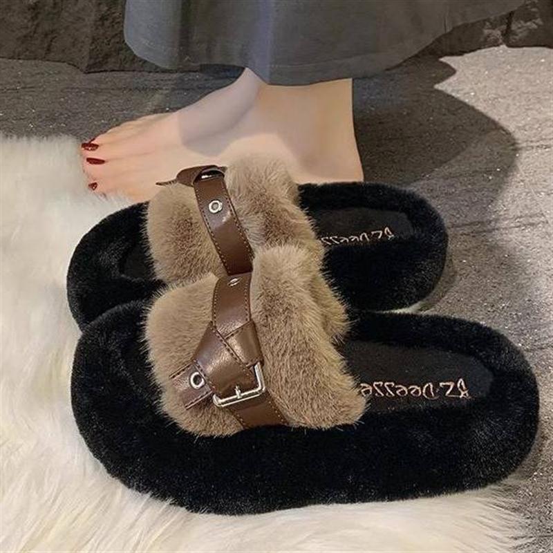 5公分一字毛毛拖鞋女2025春秋网红爆款时尚高级棉拖增高松糕厚底