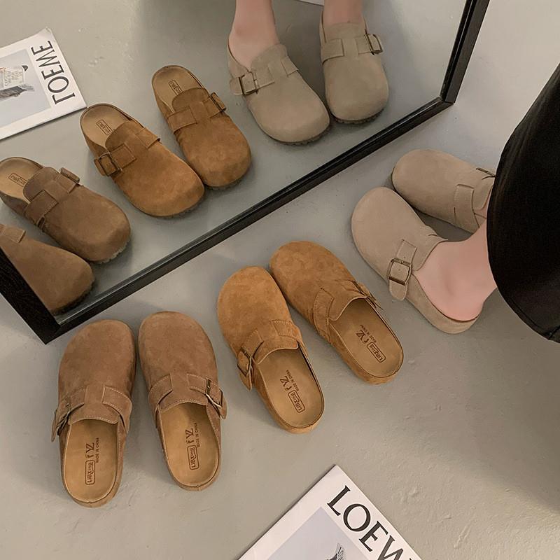 真皮轻便复古厚底勃肯鞋女2025新款春秋外穿增高一脚蹬包头拖鞋子