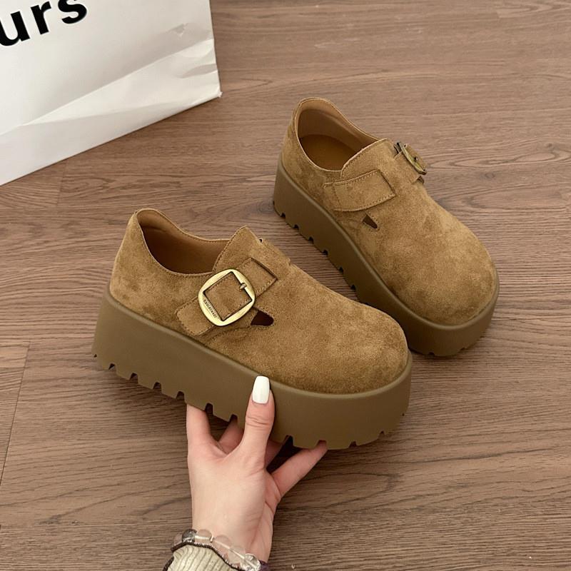 牛皮版~厚底全包勃肯鞋女秋冬新款皮鞋软底舒适乐福豆豆复古单鞋