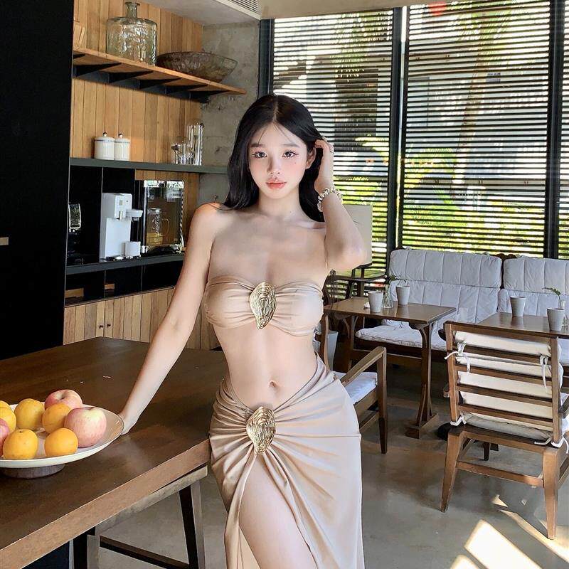 比基尼套装欧美风金属褶皱抹胸小背心开叉泳衣海边度假沙滩半身裙