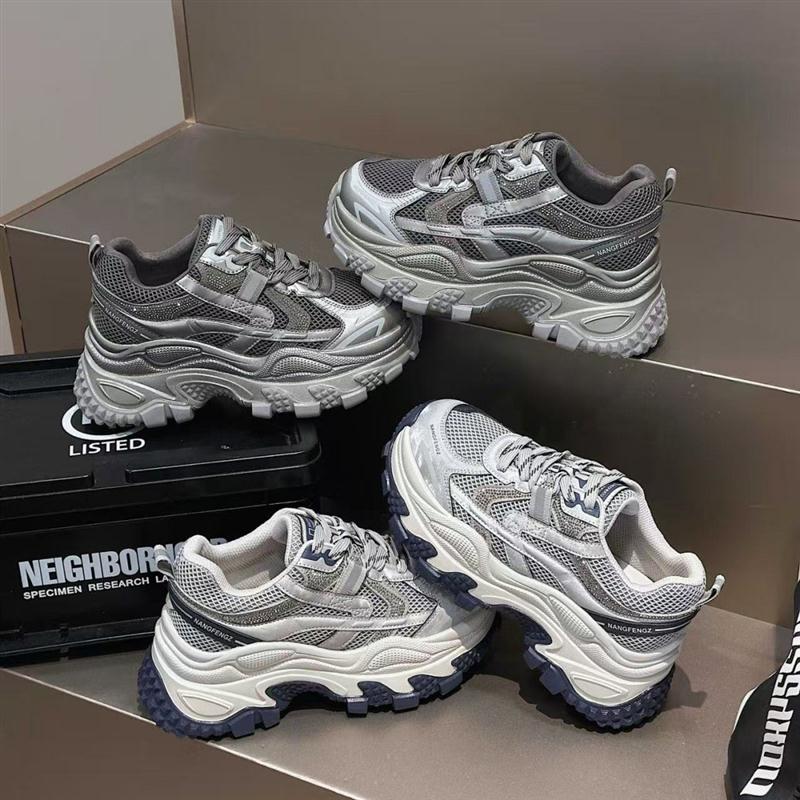 欧货真皮厚底增高老爹鞋女2025秋季新款高级感小众水钻运动休闲鞋