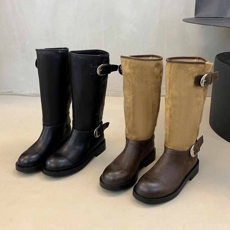 堆堆长筒靴女秋冬新款骑士靴皮带扣中筒两穿马丁靴厚底不过膝长靴
