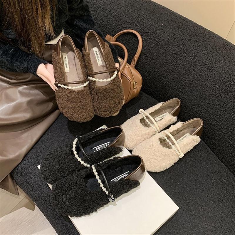 法式小香风玛丽珍鞋2025秋季新款毛毛鞋珍珠平底一脚蹬豆豆鞋女鞋