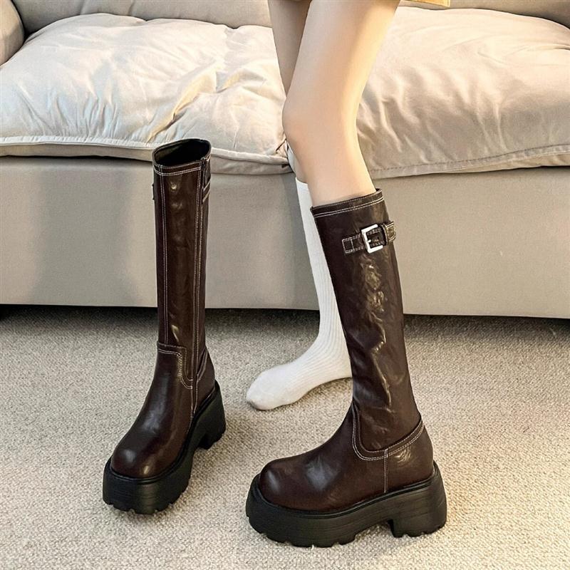 黑色内增高长筒靴女款松糕厚底棕色靴子小个子2025新款高筒骑士靴