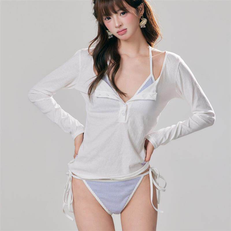 高档泳衣女分体聚拢比基尼带罩衫四件套纯欲挂脖抽绳海边度假泳装