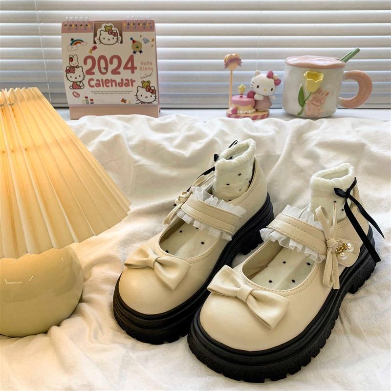 黑色蝴蝶结圆头厚底小皮鞋女2025新款春秋配裙子法式增高玛丽珍鞋