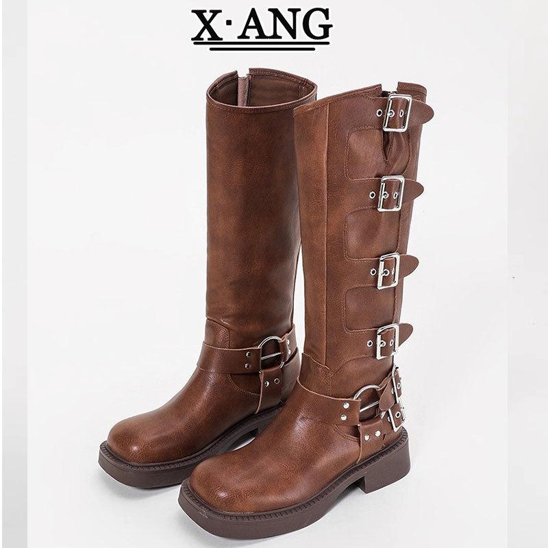 牛皮棕色长筒靴子女不过膝高筒靴粗跟显瘦骑士靴美拉德西部牛仔靴