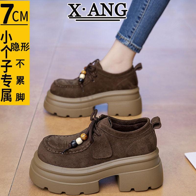 牛皮全包勃肯鞋女款袋鼠鞋休闲单鞋乐福鞋松糕厚底增高小个子女鞋