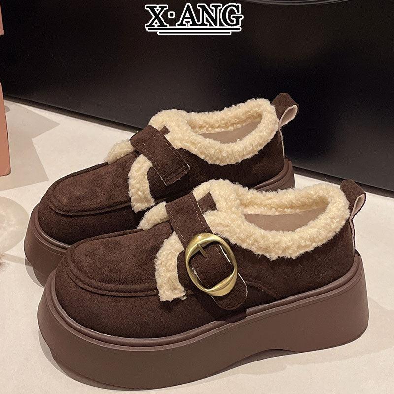 真皮厚底勃肯鞋子女鞋秋冬季加绒加厚保暖棉鞋羊羔毛毛鞋乐福鞋子