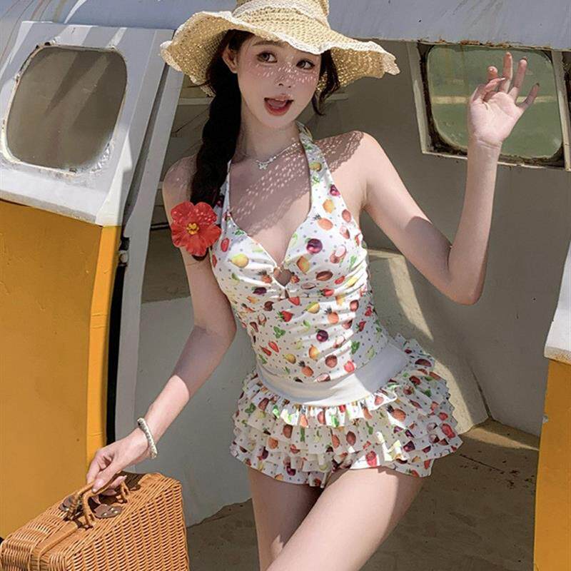 可爱少女水果图案高级感海边休闲度假保守裙式分体游泳衣女款泳装