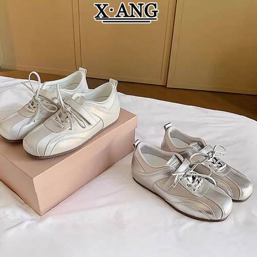 真皮芭蕾风银色德训鞋3cm内增高女鞋系带阿甘鞋玛丽珍鞋子女单鞋