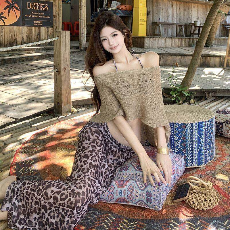 2026欧美辣妹镂空斜肩针织衫女夏季蕾丝沙滩裙度假比基尼泳衣
