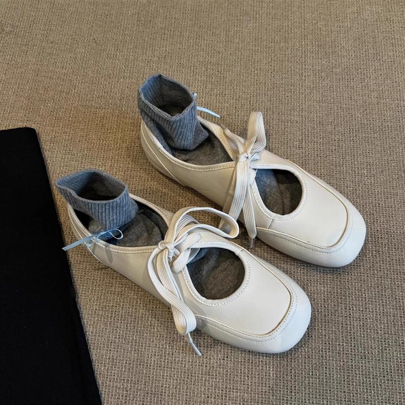 羊皮版~复古方头系带小皮鞋女百搭休闲芭蕾单鞋浅口平底玛丽珍鞋