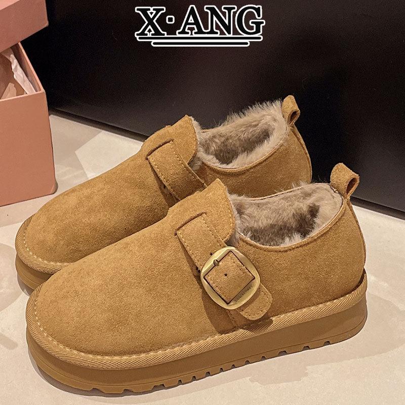 真皮勃肯鞋女加绒加厚保暖棉鞋毛毛鞋冬季羊毛雪地靴一脚蹬豆豆鞋