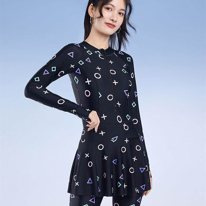 2026新款锦纶印花长袖长裤一体式速干连体游泳衣女冲浪潜水水母服