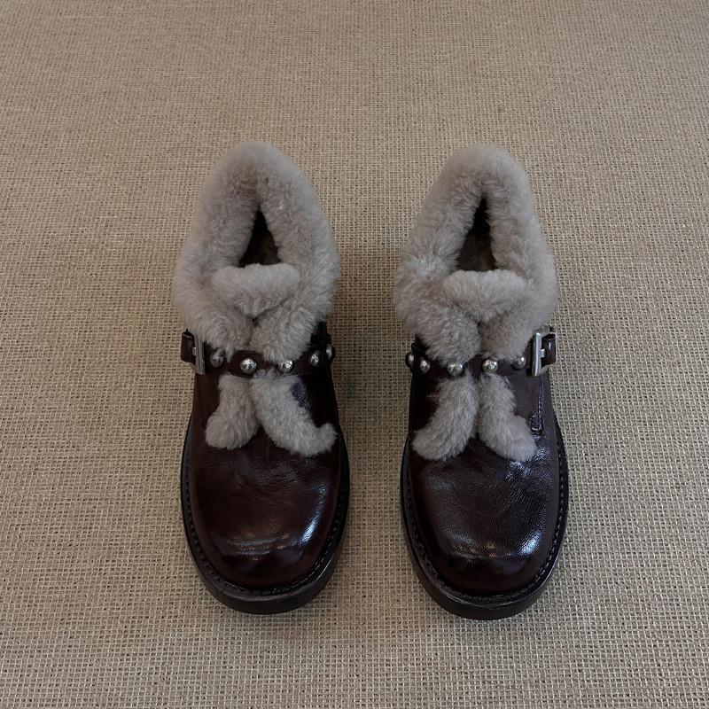 软皮版~英伦风毛毛小皮鞋女秋冬新款加绒百搭皮带扣粗跟兔毛单鞋