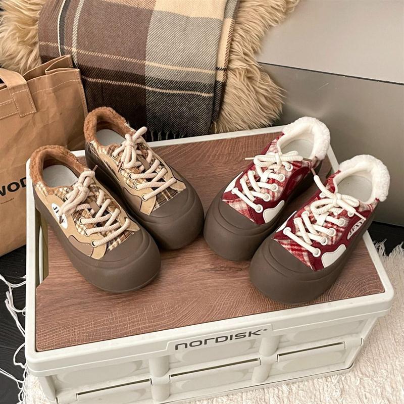 红色加绒厚底鞋2025秋冬新款毛毛保暖棉鞋女时尚板鞋百搭大头鞋子