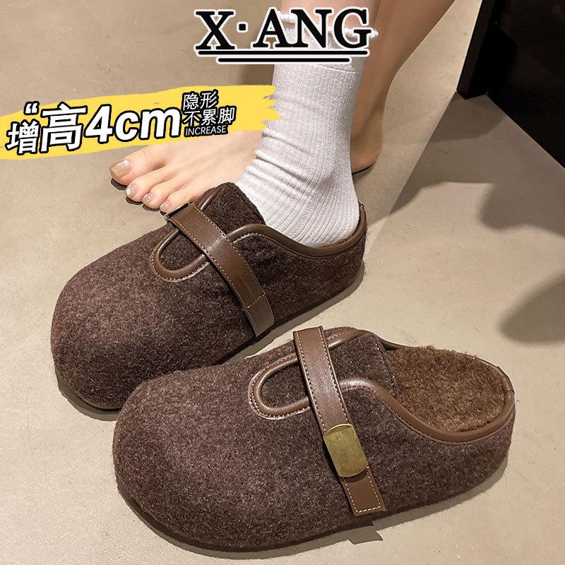 羊呢绒勃肯鞋子女鞋加绒加厚保暖棉鞋毛毛鞋一脚蹬厚底包头棉拖鞋